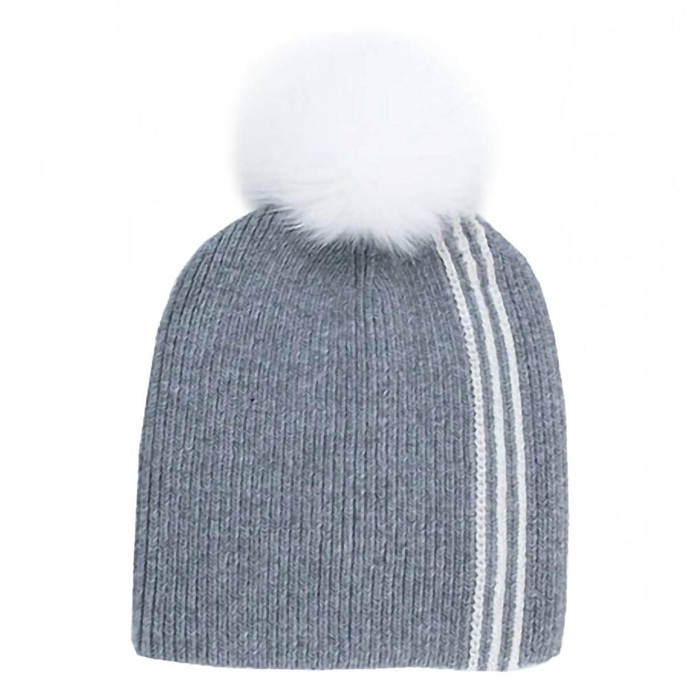 NEW MITCHIE'S MATCHINGS women's winter beanie with racer stripe & fox fur pom po